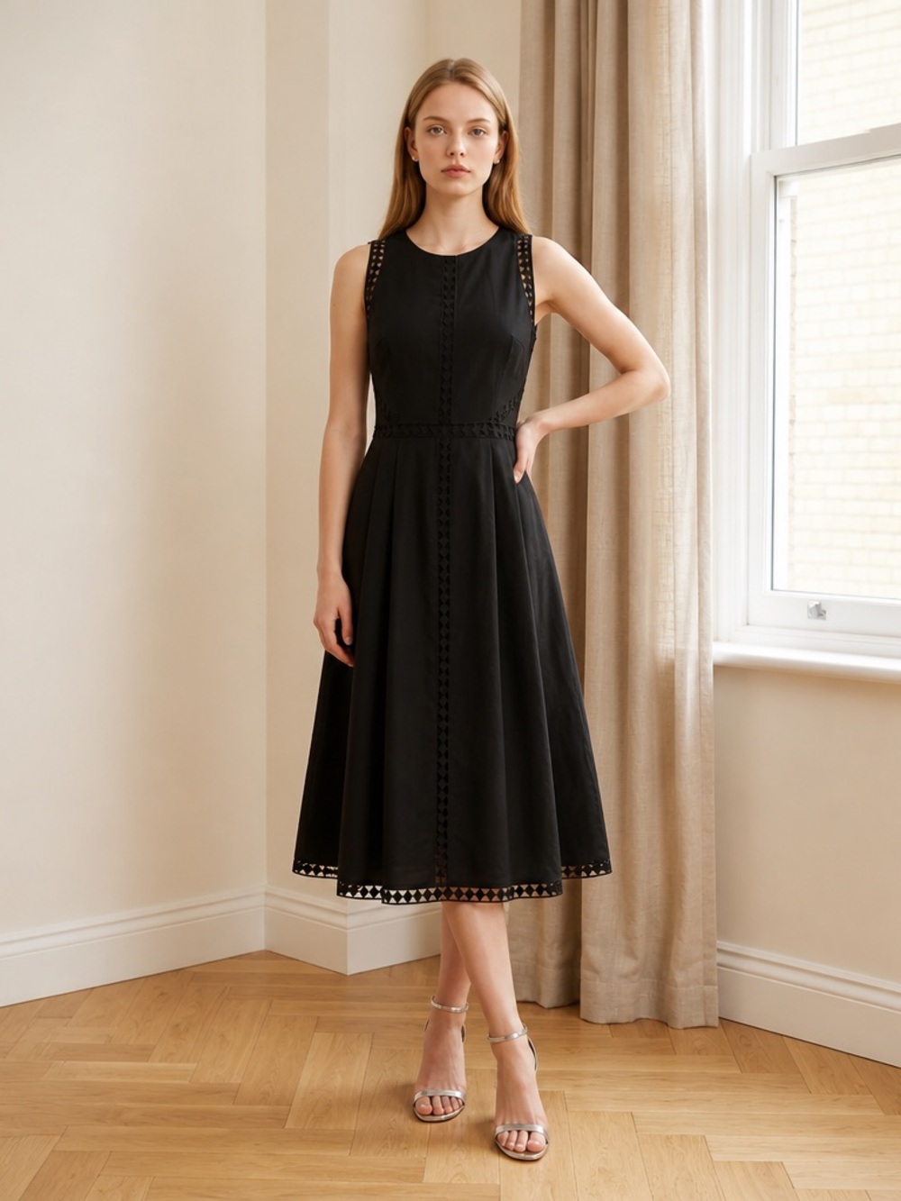 NWT Ann Taylor Sleeveless Black Midi Dress with Trim Detail